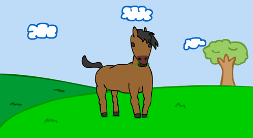 Cartoon Horse Standing in Grassy Field With Tree and Clouds