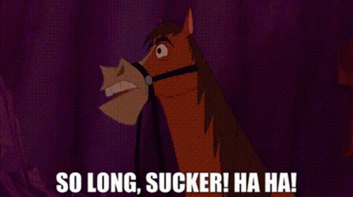 Cartoon Horse With Bridle Saying So Long Sucker Ha Ha GIF