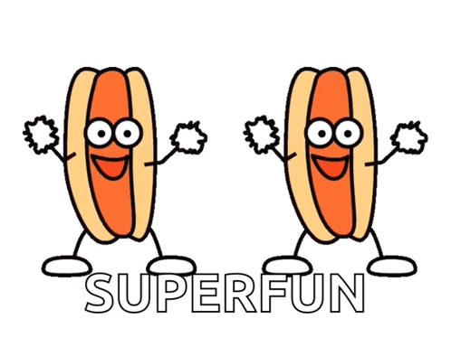 Cartoon Hot Dogs With Arms and Legs Saying Superfun