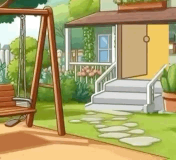 Cartoon House With Swing And Stairs GIF