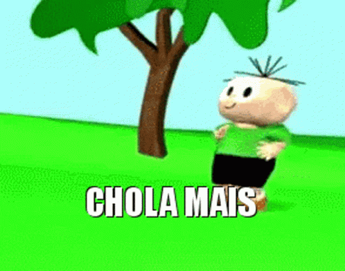 Cartoon In Green Shirt Standing In Front Of Tree Saying Chola Mais GIF