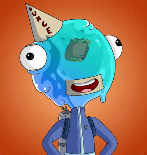 Cartoon in Party Hat Says Azue