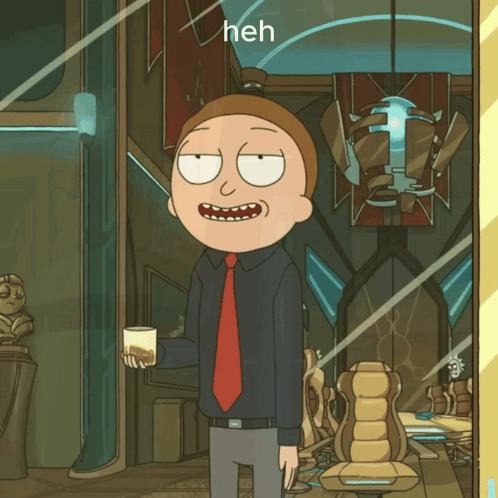 Cartoon in Suit and Tie Holding Coffee Saying Heh