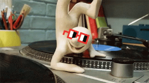 Cartoon In Sunglasses On One Leg On Record Player GIF