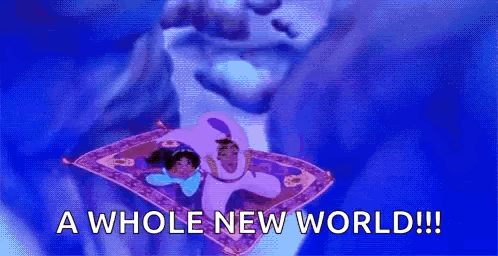 Cartoon Jasmine and Aladdin Flying on Magic Carpet With Words A Whole New World