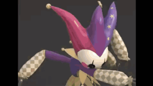 Cartoon Jester in Pink and Purple Hat and Checkered Pants Dancing