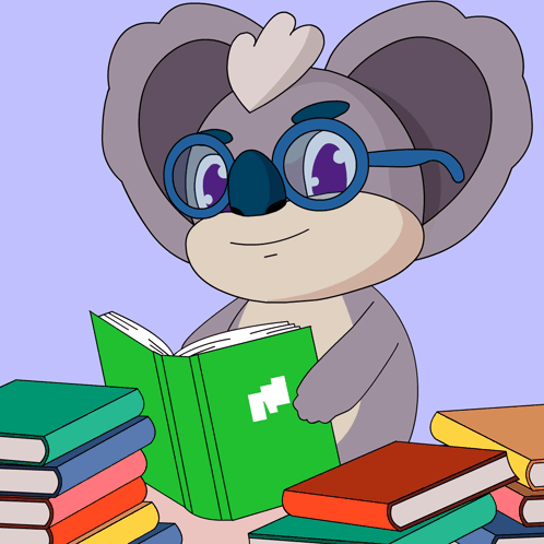 Cartoon Koala with Glasses Reading Green Book