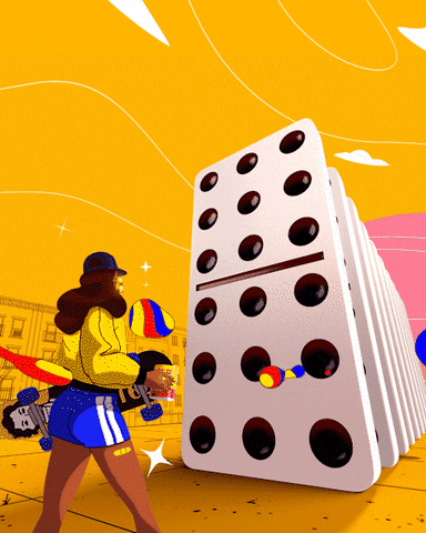 Cartoon Lady Kicking Down Giant Dominoes GIF