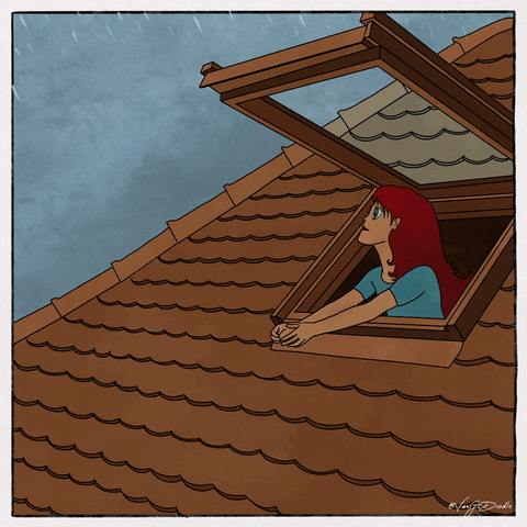 Cartoon Lady Watching Monsoon Rains Fall GIF