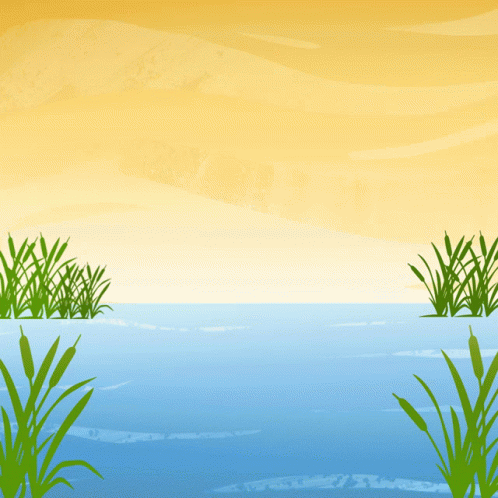 Cartoon Lake With Reeds And Yellow Sky GIF