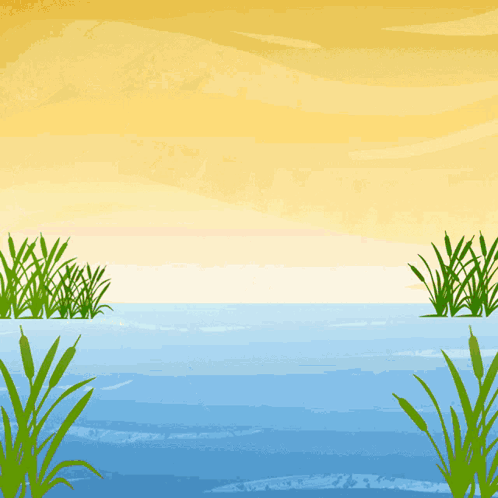 Cartoon Lake With Tall Grass And Yellow Sky GIF