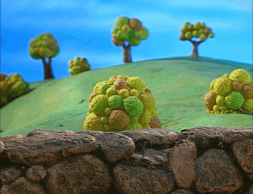 Cartoon Landscape with Stone Wall and Trees