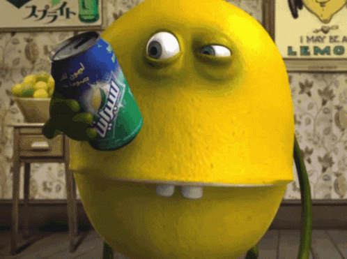 Cartoon Lemon Holding Can of Sprite Soda