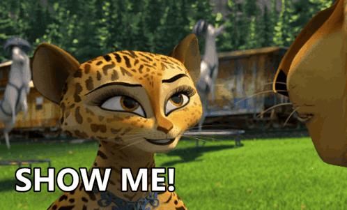 Cartoon Leopard Looking at Another Leopard Saying Show Me