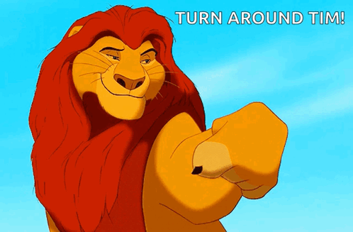 Cartoon Lion Pointing and Saying Turn Around Tim