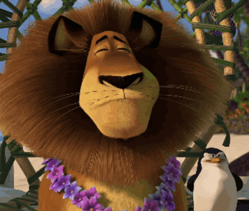 Cartoon Lion With Purple Flowers Around Neck