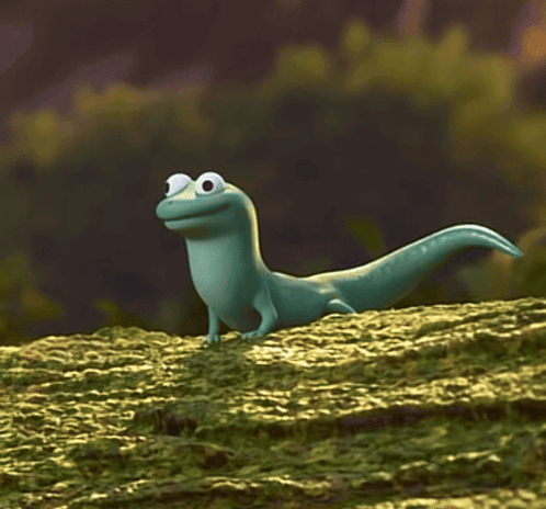 Cartoon Lizard Standing on Mossy Hill