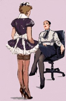 Cartoon Maid Next To Woman In Office Chair GIF