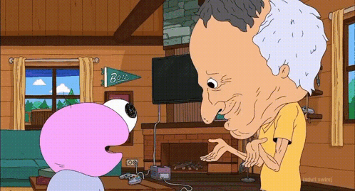 Cartoon Man And Pink Monster With Bass Banner GIF