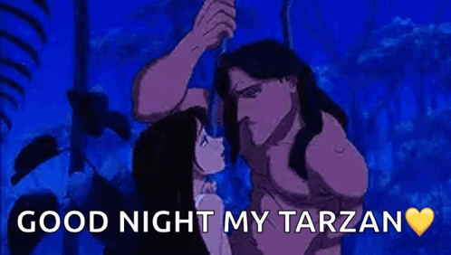 Cartoon Man and Woman Kissing Good Night My Tarzan
