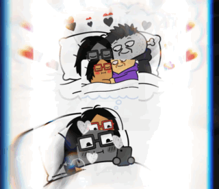 Cartoon Man And Woman Laying In Bed With Hearts GIF