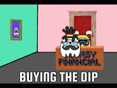 Cartoon Man Behind Desk Saying Buying the Dip
