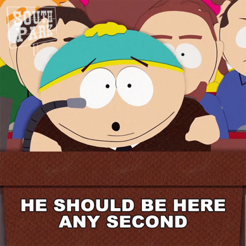 Cartoon Man Behind Podium Saying He Should Be Here Any Second GIF