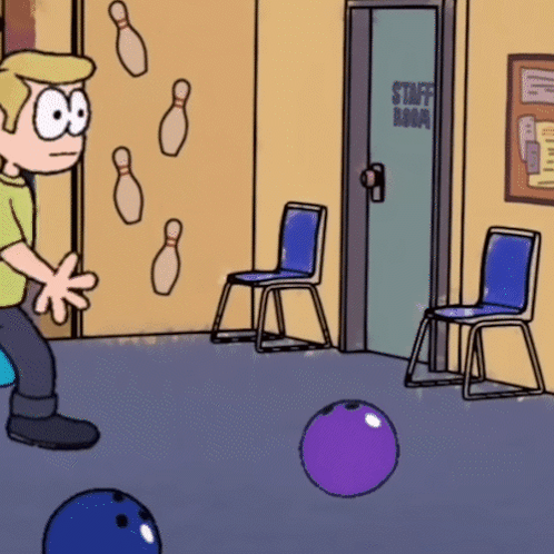 Cartoon Man Bowling at Staff Room Door