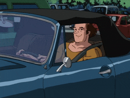 Cartoon Man Driving Blue Convertible GIF