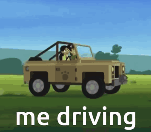Cartoon Man Driving Jeep Saying Me Driving