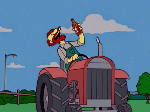 Cartoon Man Driving Tractor Holding Beer