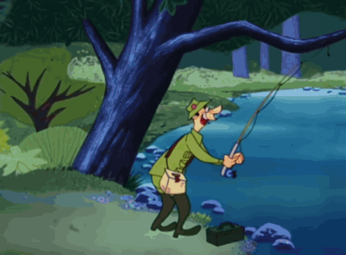 Cartoon Man Fishing in Stream