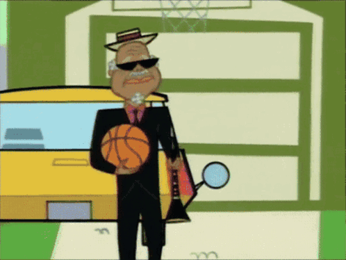 Cartoon Man Holding Basketball and Trumpet