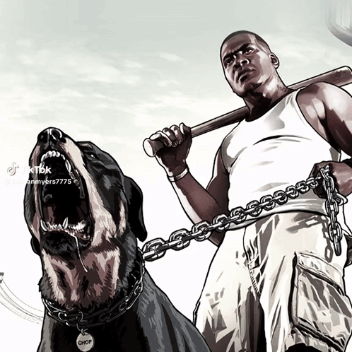 Cartoon Man Holding Bat and Dog on Leash Saying Chop
