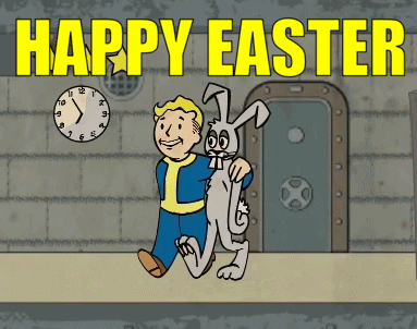 Cartoon Man Holding Bunny Saying Happy Easter