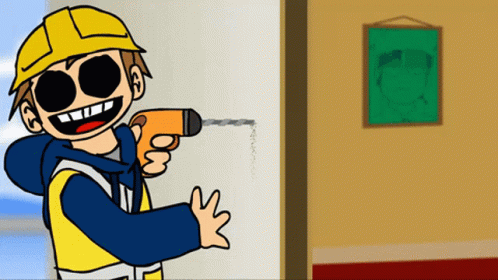 Cartoon Man Holding Drill In Front Of Picture GIF