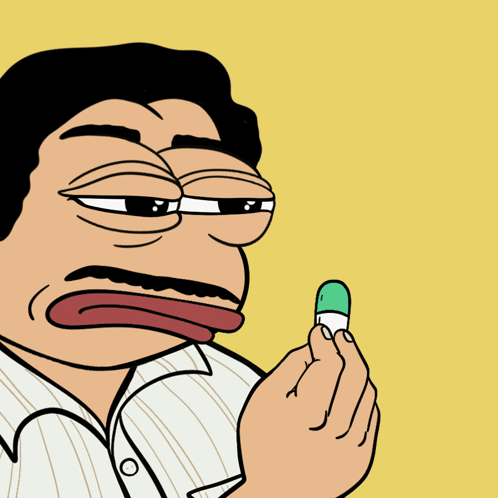 Cartoon Man Holding Green and White Pill