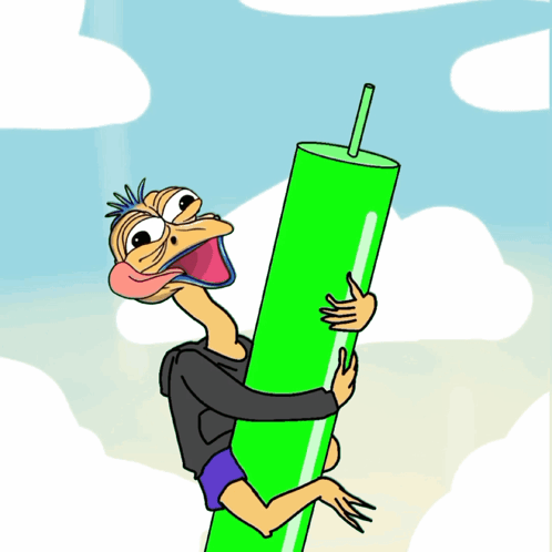 Cartoon Man Holding Green Cylinder With Straw GIF