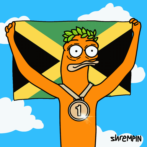 Cartoon Man Holding Jamaican Flag And Number 1 Medal GIF
