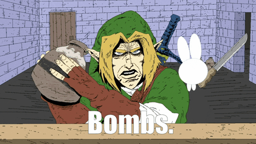 Cartoon Man Holding Jar and Sword Saying Bombs