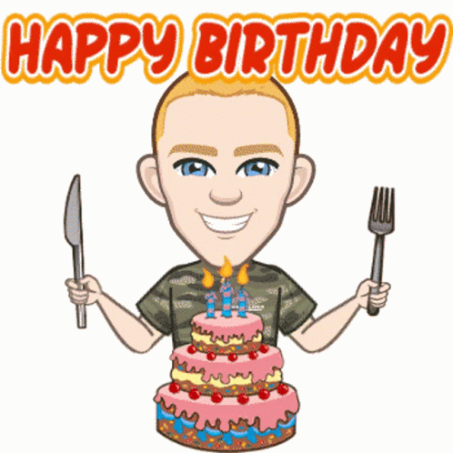 Cartoon Man Holding Knife and Fork With Birthday Cake