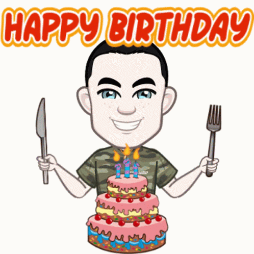 Cartoon Man Holding Knife Fork Near Birthday Cake GIF