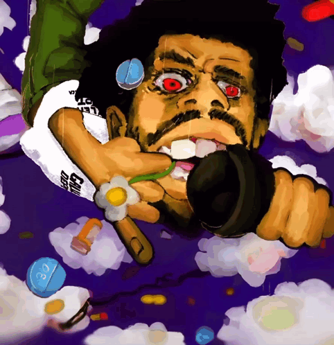 Cartoon Man Holding Microphone Flower in Mouth Pills