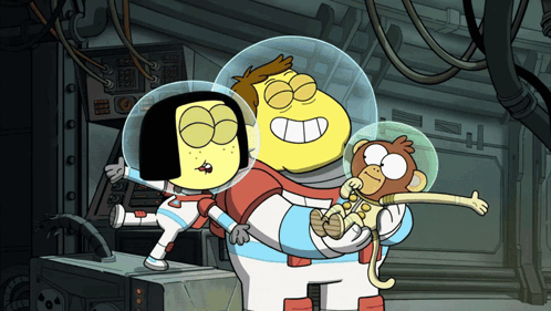 Cartoon Man Holding Monkey and Girl