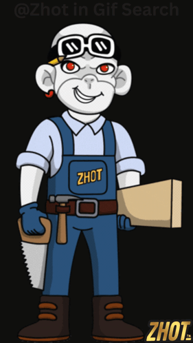 Cartoon Man Holding Saw and Box Saying Zhot
