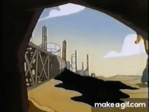 Cartoon Man in Cave Looking at Factory