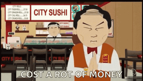 Cartoon Man in Front of City Sushi Sign