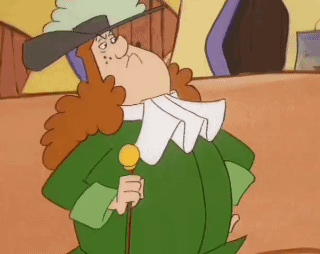 Cartoon Man in Green Suit Holding Cane and Microphone