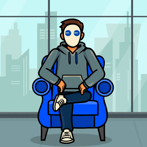Cartoon Man in Mask Sitting in Blue Chair