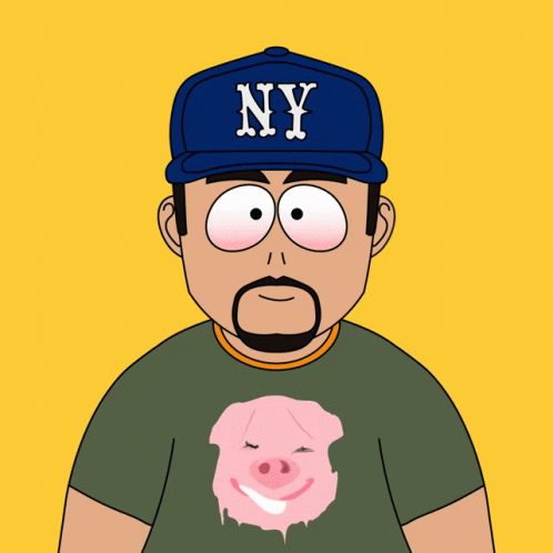 Cartoon Man in NY Hat and Pig T-Shirt